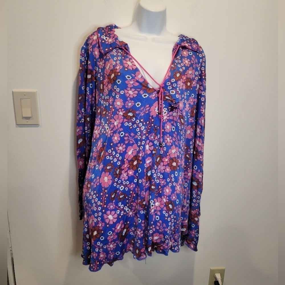 Free people size m daisy jane purple floral long sleeves mini dress pockets
